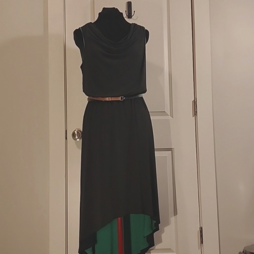 Calvin Klein Cowl Neck, Black and Green High-Low Dress, size 12
